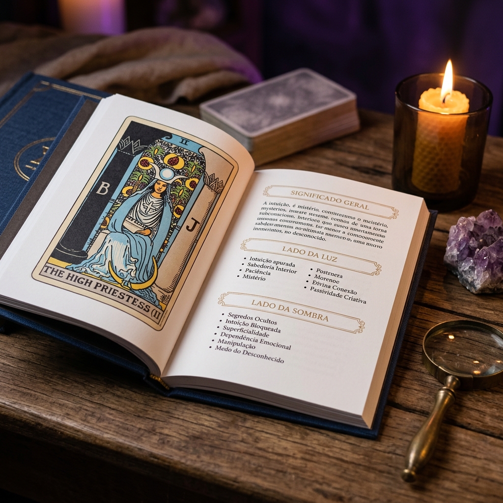 Páginas internas da Cartilha do Tarô mostrando carta A Sacerdotisa com significados detalhados