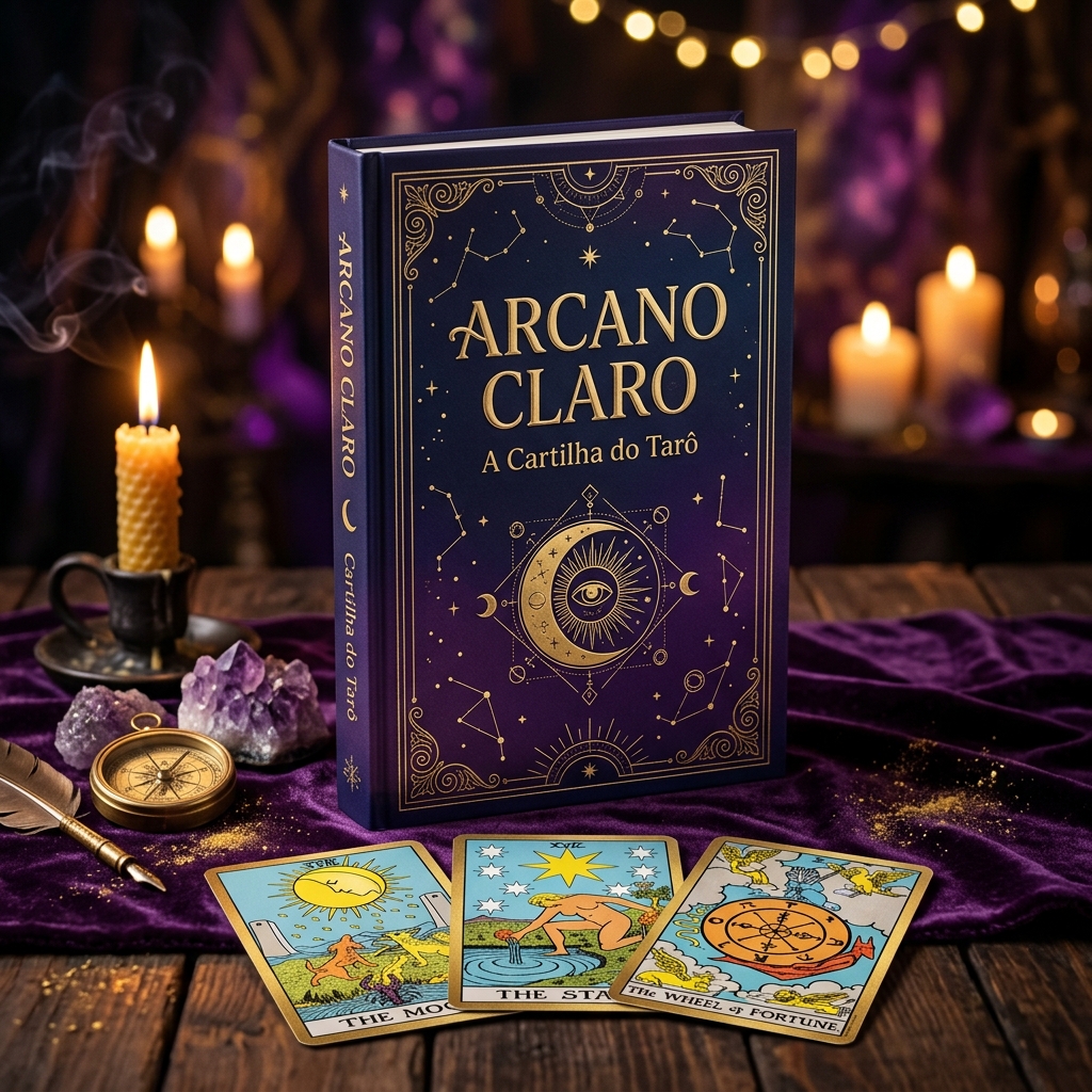 Arcano Claro — A Cartilha do Tarô, mockup 3D do produto com cartas de tarô e cristais